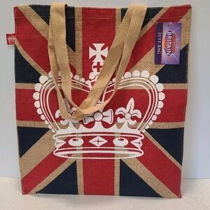 Union Jack Jute Tote Bag with Crown Accent - Red, Navy, Natural 14"×16"